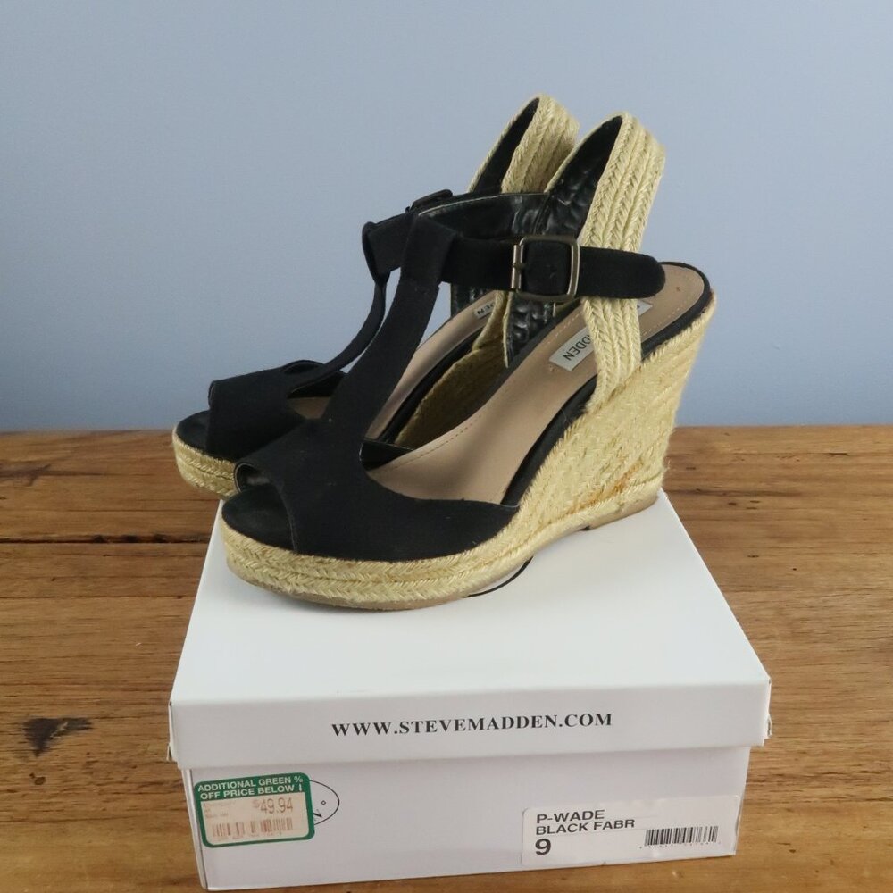 STEVE MADDEN BLACK FABRIC WOVEN WADE WEDGE SANDAL SIZE 9